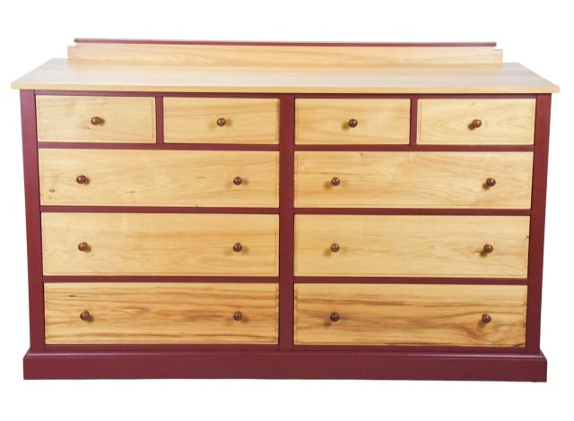 Custom Made Dorset Collection Dresser: Custom Made Dorset Collection Dresser with Maroon Color Accent Trim.Handcrafted Vermont Made Furniture.Measures 42 inches x 67 inches x 23 inches.All Dorset furniture is in excellent, near perfect
