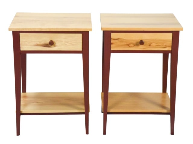 Pair Custom Made Dorset Collection Nightstands: Pair Custom Made Dorset Collection Nightstands with Maroon Accent Trim.Handcrafted Vermont Made Furniture.Each measures 29.5 inches x 20 inches x 16 inches.All Dorset furniture is in excellent, near