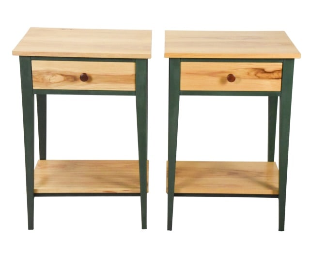 Custom Made Dorset Collection Nightstands: Pair Custom Made Dorset Collection Nightstands with Hunter Green Accent Trim.Handcrafted Vermont Made Furniture.Each measures 29.5 inches x 20 inches x 16 inches.All Dorset furniture is in excellent,