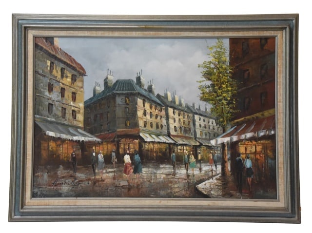 Henri Rogers Paris Street Scene Oil Painting: Henri Rogers Paris Street Scene Oil Painting.Frame Measures 30.5 inches x 42.5 inches.Art measures 24 inches x 36 inches.