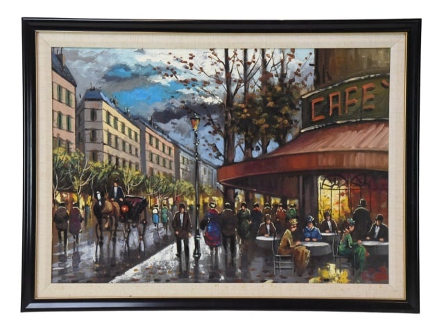 Signed Paris Street Scene Oil On Canvas Painting: Signed Paris Street Scene Oil On Canvas Painting.Frame measures 23 inches x 30.25 inches.Art measures 19 inches x 27 inches