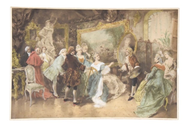 Vincente Garcia de Paredes Royal Visitors Litho: Vincente Garcia de Paredes "Royal Visitors in Watteau's Studio" Lithograph Printed in Colored.Measures 21 inches x 31 inches.