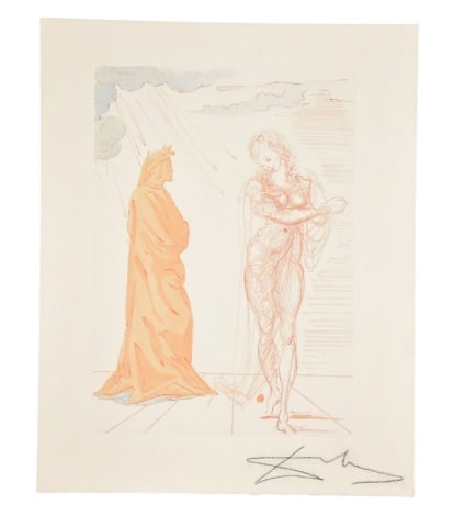 Salvador Dali Virgil Comforts Dante Woodcut Print: Salvadore Dali Signed Virgil Comforts Dante Woodcut PrintPart of his series illustrating Dante's Divine Comedy.Measures 13 inches x 10.25 inches