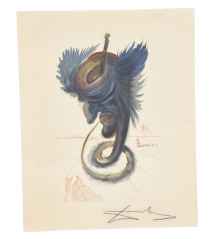 Salvadore Dali The Black Cherub Woodcut Print: Salvadore Dali Signed The Black Cherub Woodcut Print.Part of his series illustrating Dante's Divine Comedy.Measures 13 inches x 10.25 inches