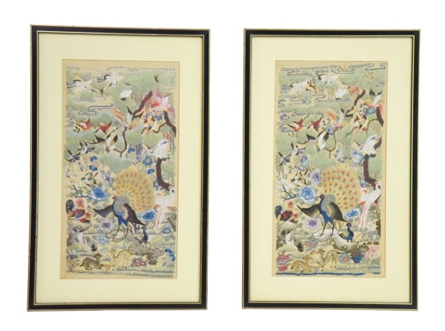 Pair 19th Century Chinese Silk Embroidery Panel: Pair 19th Century Chinese Silk Embroidery Panel with One Hundred Birds Motif.Frame measures 18.75 inches x 11.75 inches.Silk panels measure 14.25 inches x 7.5 inches.
