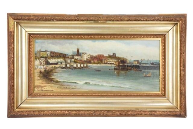 John Lascelles Williamson Signed Oil Painting: John Lascelles Williamson, England Born Late 19th Century Signed, Oil Painting on Canvas Titled by Artist Morning Broad Stairs in Period Carved Gilt Frame. There is some minor loss to gesso on frame. 