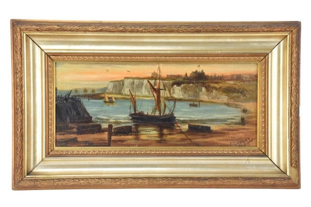 John Lescelles Williamson Signed Oil Painting: John Lescelles Williamson, England Born Late 19th Century, Signed Oil Painting on Canvas Titled by Artist Evening Broad Stairs Harbour in Period Carved Gilt Frame.Framed measures 11 inches x 19 inches