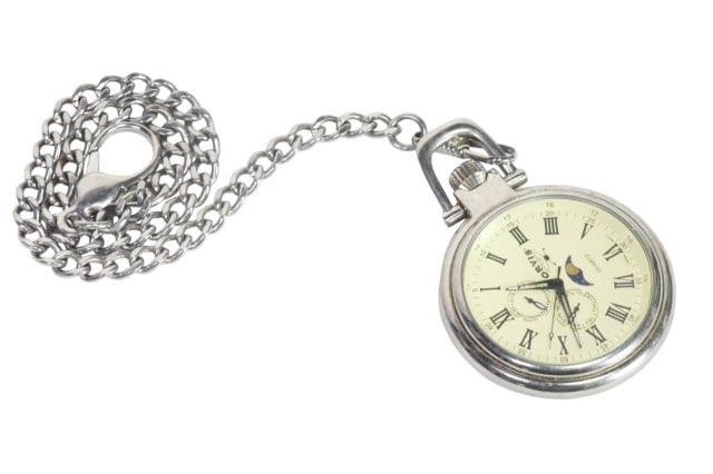 Silver Toned Orvis Quartz Pocket Watch: Silver Toned Orvis Quartz Pocket Watch Featuring a Moon Phase Display and Roman Numerals. Includes a standard curn chain for attaching to clothing.