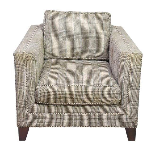 Mitchell Gold + Bob William Club Chair: Mitchell Gold + Bob William Patterned Fabric Club Chair with Block Arms and Wooden Legs.Measures 25 inches x 32 inches x 36 inches x 19 inches.