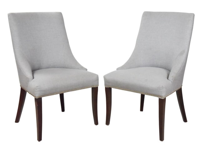 6 Mid Century Upholstered Dining Chairs: 6 Mid Century Custom Upholstered Dining Chairs with Nail Head Trim and Espresso Legs by Lee Industries.Measures 39 inches x 24 inches x 22 inches, seat height 19 inches.
