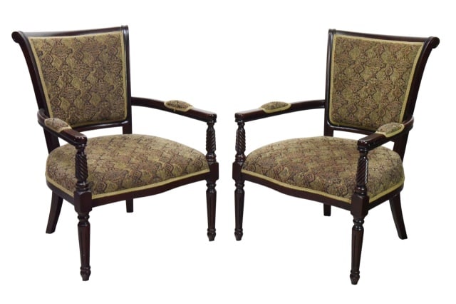 Pair Victorian Carved Upholstered Armchairs: Pair Victorian Carved Upholstered ArmchairsMeasures 36 inches x 27 inches x 24 inches seat height 17 inches.