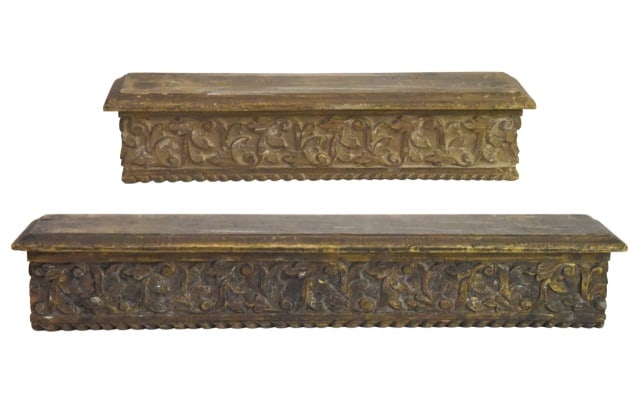 Pair Weathered Carved Wood Arhaus Floating Shelves: Pair Weathered Carved Wood Arhaus Floating Shelves.Largest measures 24 inches x 4 inches x 4 inches.Smaller one measures 18 inches x 4 inches x 4 inches