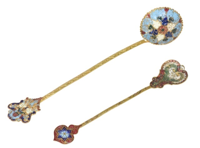 Two French Champleve Brass Enamel Spoons: Two French Champleve Brass Enamel Spoons Made from Brass.Larger measures 8.5 inches long.