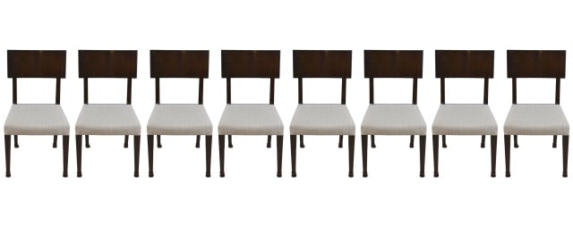 8 Mid Century Custom Upholstered Dining Chairs: Set of 8 Mid Century Custom Upholstered Wood Dining Chairs. Needs cleaning or reupholstering. Sold as is.Measures 36 inches x 19 inches x 20 inches, seat height 18 inches.