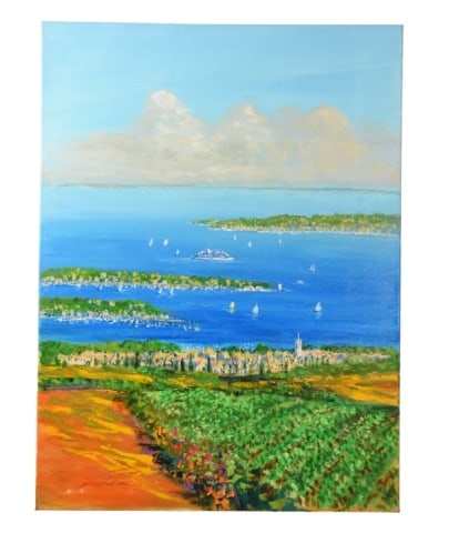 Kerry Hallam Signed Painting Mediterranean View: Kerry Hallam Signed Acrylic Painting on Canvas Titled Mediterranean View.Measures 40 inches x 30 inches