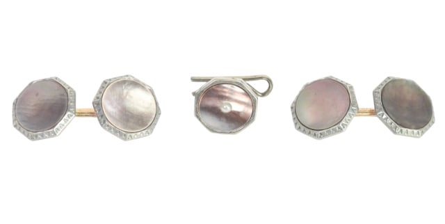 Pair Vintage Pearl Inlay Cufflinks & Tie Clip: Pair Vintage Pearl Inlay Cufflinks & Tie ClipMeasures approximately 1/2 inch in diameter.