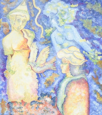 Sakti Burman Untitled Painting on Canvas: Sakti Burman Untitled Painting on Canvas.Measures 49 inches x 42 inches.Any condition statement is given as a courtesy to a client, is only an opinion and should not be treated as statement of fact.