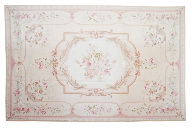 Hand Made Pink & Ivory Floral Needlepoint Carpet: Hand Made Pink & Ivory Floral Needlepoint CarpetMeasures 69 inches x 104.5 inches