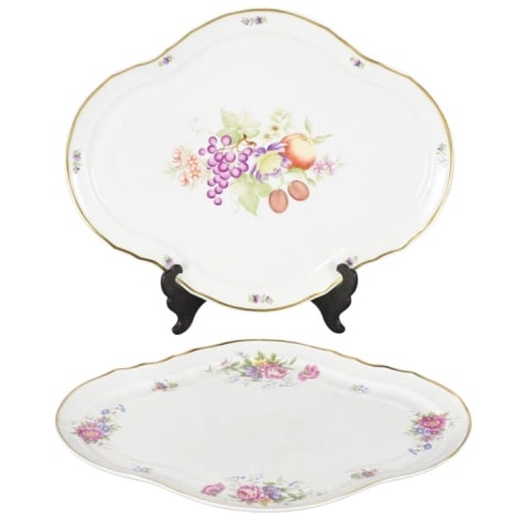 2 Hollohaza Hungary Painted Porcelain Serving Tray: 2 Hollohaza Hungary Hand Painted Porcelain Serving Trays with Floral and Fruit Motif.Measures 16 inches x 12 inches.
