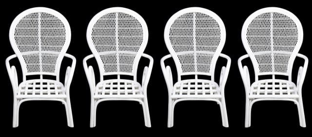 Set of 4 Painted White Rattan Balloon Back Chairs: Set of 4 Mid Century Hand Painted White Bent Bamboo and Rattan Pole Balloon Back Armchairs with Custom Upholstered Cushions.Each measure 40.5 inches x 28 inches x 21 inches x 18 inches.