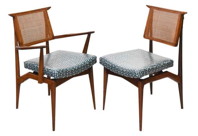 6 MC Upholstered Carolina Irving Cane Back Chairs: 6 Mid Century Custom Upholstered Carolina Irving Fabric Cane Back Dining Chairs. One chair has slight damage on fabric. Sold as is.Arm chairs measures 33 inches x 22 inches x 20 inches seat height 19 