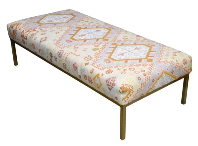 Anthropologie Folk Thread Rug-Printed Ottoman: Anthropologie Folk Thread Tactile Herringbone Waeve Rug-Printed Upholstred Ottoman with Brass Metal Legs.Measures 15 inches x 26 inches x 56 inches.