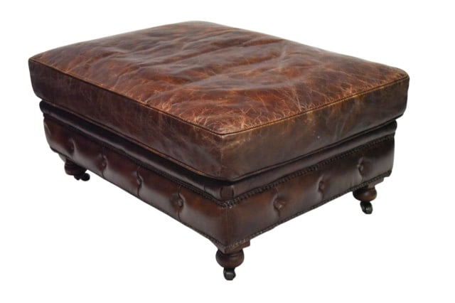 Chesterfield Style Leather Ottoman Nail Head Trim: Chesterfield Style Leather Ottoman with Nail Head TrimMeasures 18 inches x 38 inches x 28 inches. Consistent with age and use. Please look at images carefully. Sold as is.