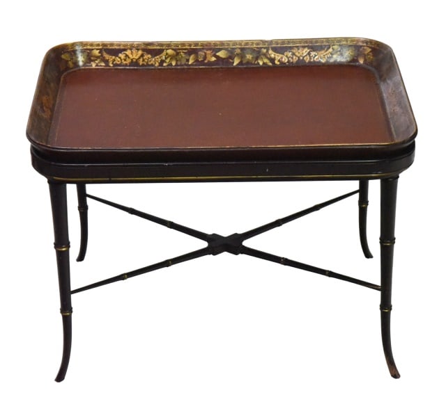 English Leather Top Gilt Decorated Tray Table (1 of 10)
