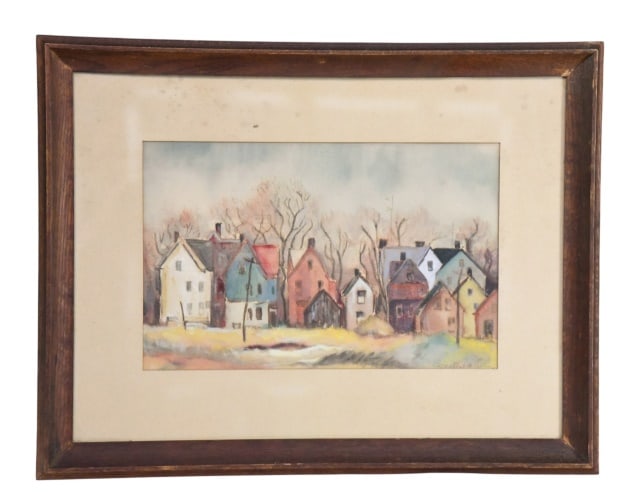 Signed Watercolor Painting French Village: Vintage Signed Watercolor and Gouache Painting French Village. Signed Illegible.Measures 20.5 inches x 26.5 inches.