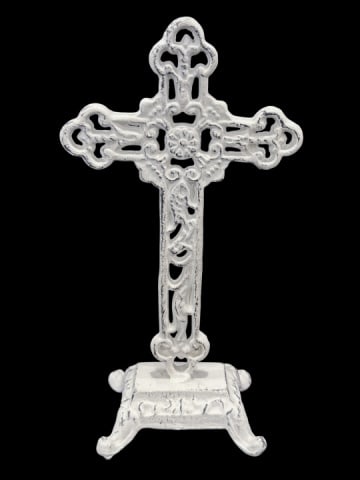 French Country Iron Standing Cross w/ Weathered Pa: French Country Iron Standing Cross w/ Weathered White Paint Finish.Measures 9.25 inches x 5.25 inches x 3 inches.