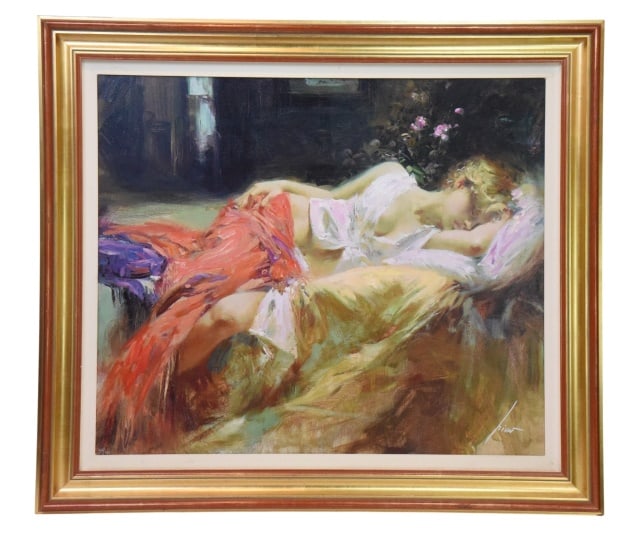 Pino Daeni "Day Dream" Hand Embellished Giclee: Pino Daeni "Day Dream" Hand Embellished Limited Edition Giclee on Canvas.Frame measures 40.5 inches x 46.5 inches. Art measures 31.5 inches x 38 inches.
