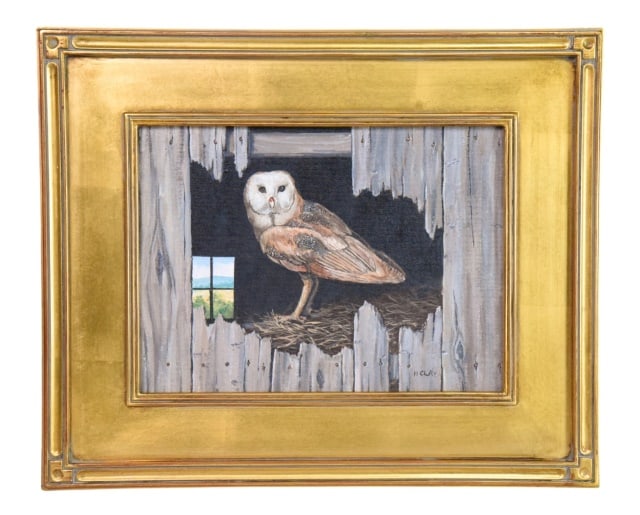 Signed H. Clay Barn Owl Oil Painting on Board (1 of 8)