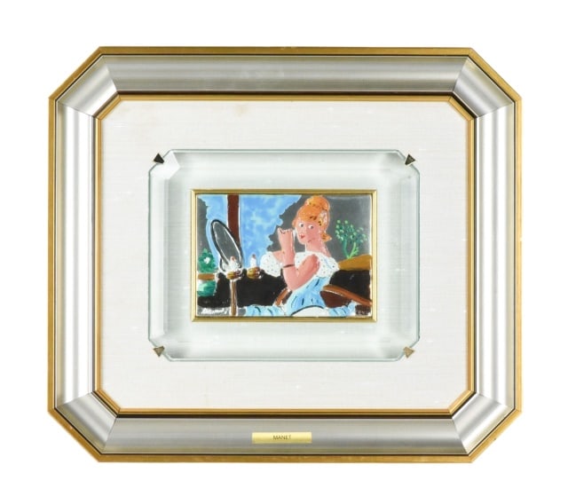 E. Manet Hand Painted Sterling Silver Painting: Edouard Manet Decorative Hand Painted in Sterling Silver Plaque Painting Framed Beveled Glass.Frame measures 14 inches x 16 inches.Art measures 6 inches x 4.5 inches.