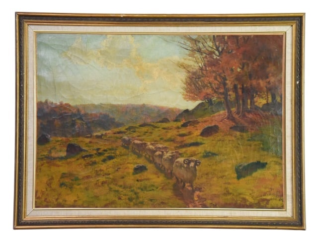 Antique Oil in Canvas Painting Herd of Sheep: Antique Oil in Canvas Painting Herd of Sheep Walking Through a Rustic, Autumnal Landscape. Painting shows age and craquelure. Sold as is.Framed measures 26.5 inches x 35 inches, art 22 inches x 31 inc