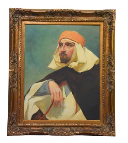 Early 20th Century Orientalist Portrait Painting: Early 20th Century Orientalist Portrait Oil Painting on Board. Image shows North African or Middle Eastern man in traditional attire, including a turban and white head wrap.Framed measures 38 inches x