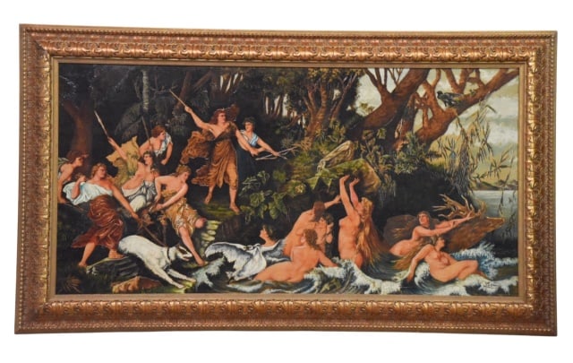 After Emilie Chase Diana and Acteon Painting: After Emilie Chase Diana and Acteon Wood Carved Relief Painted on Board. and Glossy Varnish. Typicall of 19th to 20th Century art reproduction. Signed L Lewis, encased in an ornate, carved gilt gilded