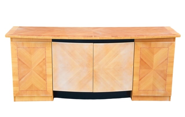 Italian Wood Veneers Credenza by Excelsior Designs: Italian Wood Veneers and Geometric Inlays Credenza by Excelsior Designs.Measures 34 inches x 80 inches x 23 inches. Lacquer has faded on front and top. Please look at images carefully. Sold as is.