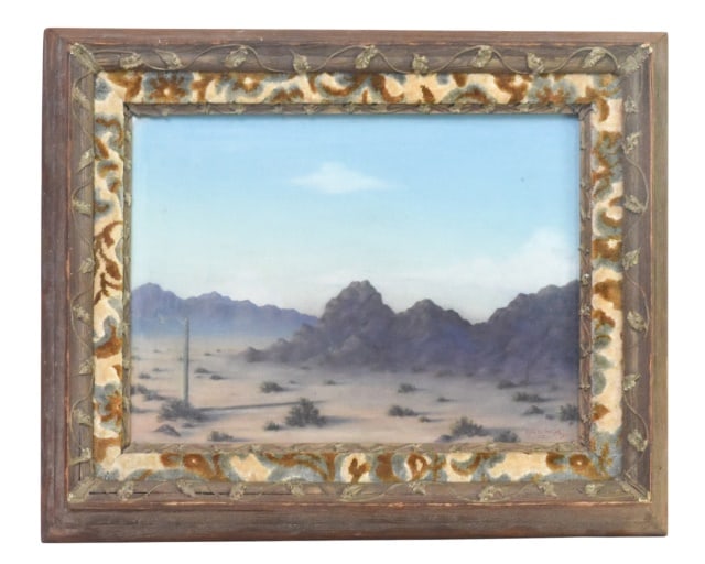 19th C. Southwestern Desert Landscape Painting: 19th Century Signed Southwestern Desert Landscape Pastel Painting Blended with Watercolor Medium. Artwork is in rustic frame, features an ornate, patterned velvet / chenille fabric insert bordered by 