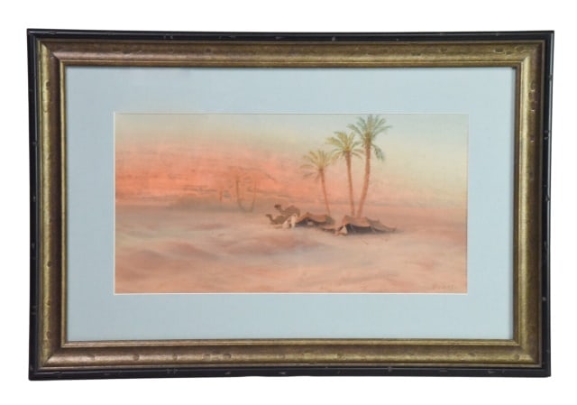 Aime Felix Nicollerat Desert Oasis Watercolor: Aime Felix Nicollerat Desert Oasis Scene with Palm Trees and Figures Watercolor Painting.Framed measures 20 inches x 30.5 inches.