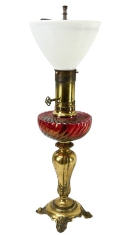 Antique Converted Oil Carnberry Glass Lamp: Antique Converted Oil Carnberry Glass Lamp.Measures 26 inches x 7 inches.