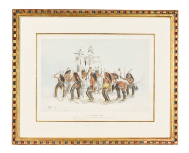 George Catlin The Snowshoe Dance Colored Litho: George Catlin The Snowshoe Dance Hand Colored Lithograph 1844. From the North American Indian Portfolio. Please note that there are some paper discoloration. Consistent to age and wear. Sold as is. Fr