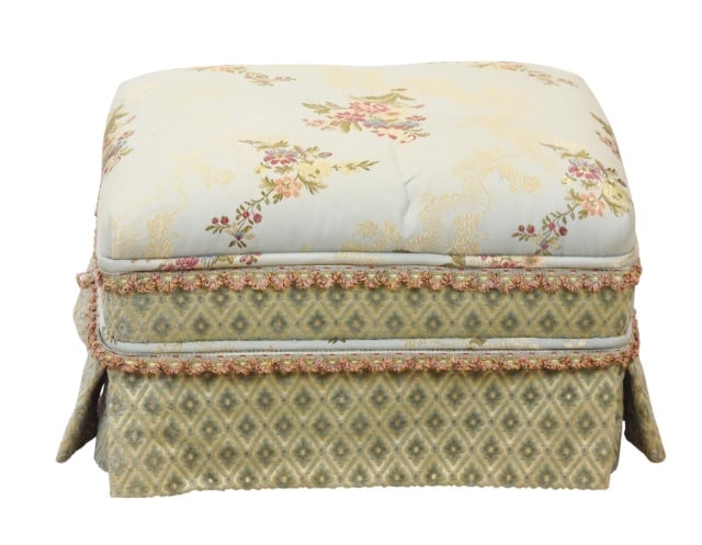Vintage Upholstered Diamond Pattered Skirt Stool: Vintage Style Custom Upholstered Diamond Pattered Skirt Footstool.Measures inches x inches x inches.