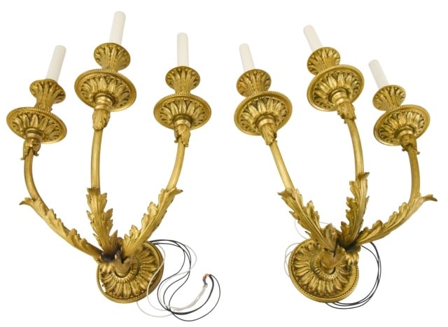 Pair Antique Edward Caldwell Gilt Bronze Sconces: Pair Antique Edward Caldwell Gilt Bronze 3 Arm Sconces. Unsigned. Each measures 21 inches x 14 inches x 10 inches.