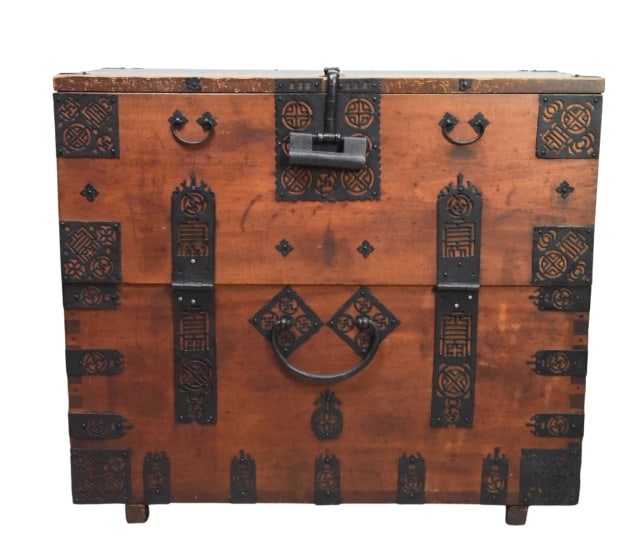 Joseon Dynasty Korean Banjadi Drop Front Chest: Joseon Dynasty Korean Banjadi Drop Front Storage / Blanket Chest. Featuring a warm hardwood body accented with intricately pierced and forged iron hardware,Measures 33 inches x 37.5 inches x 18.5 inch