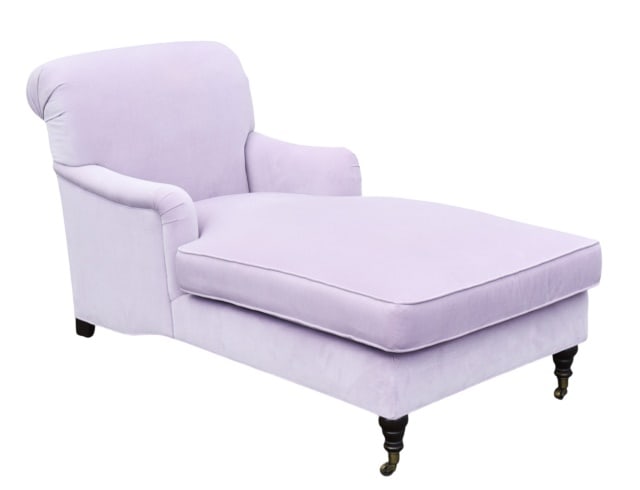 MC Custom Upholstered Lilac Velvet Chaise Lounge: Mid Century Custom Upholstered Lilac Tone Velvet Chaise Lounge with Rolled Arms and Backrest with Hand Carved Legs on Casters. Custom Made from Shannon Terry Interiors.Measures 34 inches x 64 inches x