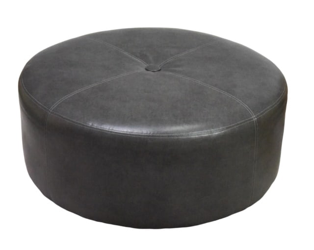 Large Sam Moore Leather Upholstered Round Ottoman: Large Sam Moore Faux Dark Grey Ottoman on CastersMeasures 18 inches x 40 inches in diameter.
