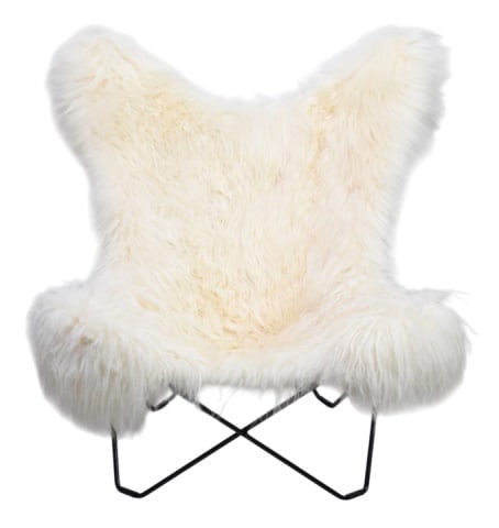 Modern White Iron Frame Butterfly Chair: Modern White Faux Sheepskin Iron Frame Butterfly Chair.Measures 37 inches x 32 inches x 34 inches x 18 inches.