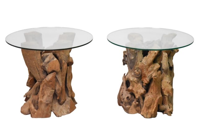 Pair Natural Sculptural Drift Wood End Tables: Pair Natural Sculptural Drift Wood End Tables with Glass Top.Measures 24 inches x 27 inches in diameter with glass.