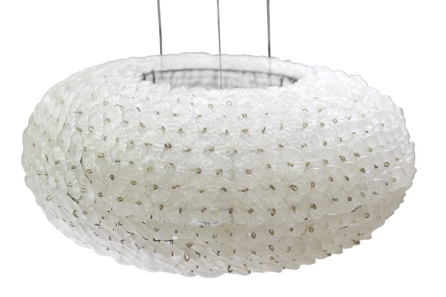 Frosted Glass Flower Dome Pendant Light: Frosted Glass Flower Suspension Light. Intricate handcrafted frosted glass petals arranged in a stunning tiered organic dome.Measures 8 inches x 17 inches in diameter. Adjustable cable wire adds 48 in