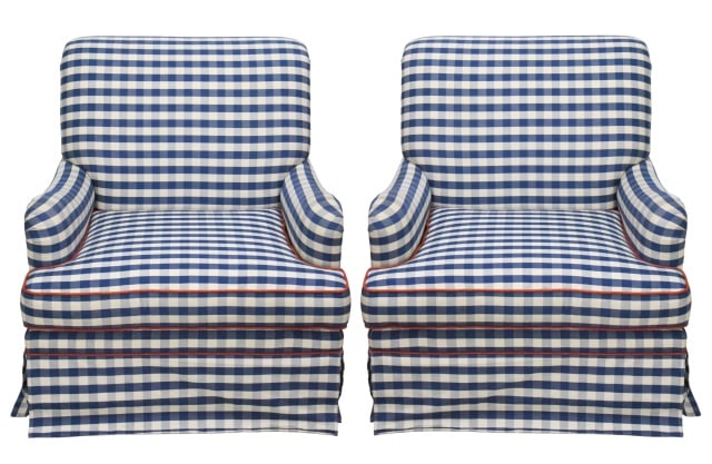 2 Duralee Blue and White Checkered Swivel Chairs: Pair Duralee Fine Furniture Custom Blue and White Checkered Upholstered Swivel Chairs.Measures 36 inches x 35 inches x 35 inches x 17 inches.Please note there are stains on both seat cushions. Need a 